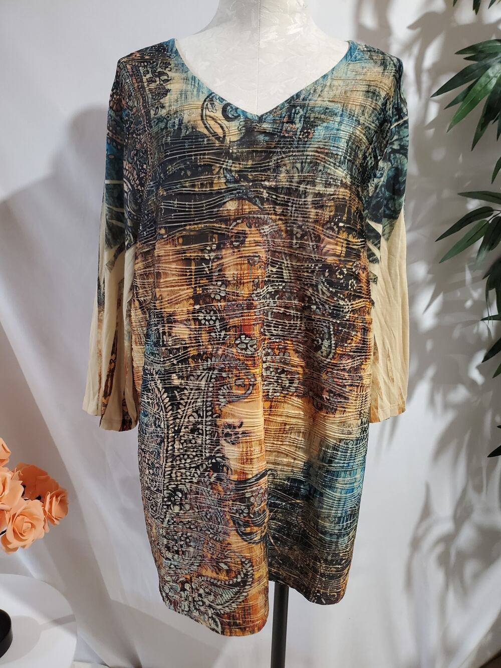 Catherines Paisley Textured Pattern 3/4 Sleeve V-Neck Top Size 2x 22/24W Boho